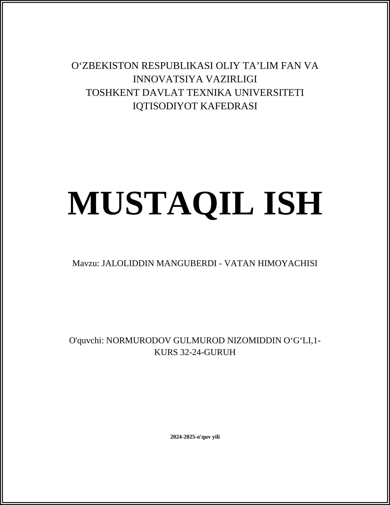 JALOLIDDIN MANGUBERDI - VATAN HIMOYACHISI
