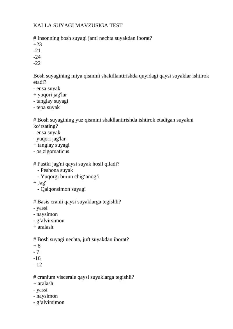 KALLA SUYAGI MAVZUSIGA TEST