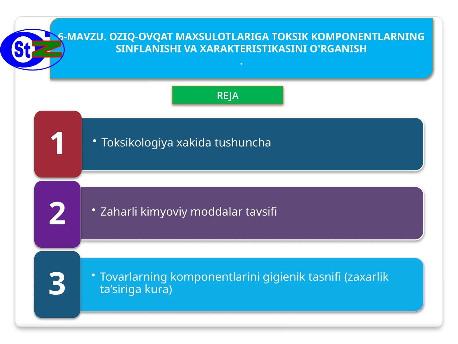 OZIQ-OVQAT MAXSULOTLARIGA TOKSIK KOMPONENTLARNING SINFLANISHI VA XARAKTERISTIKASINI O'RGANISH .