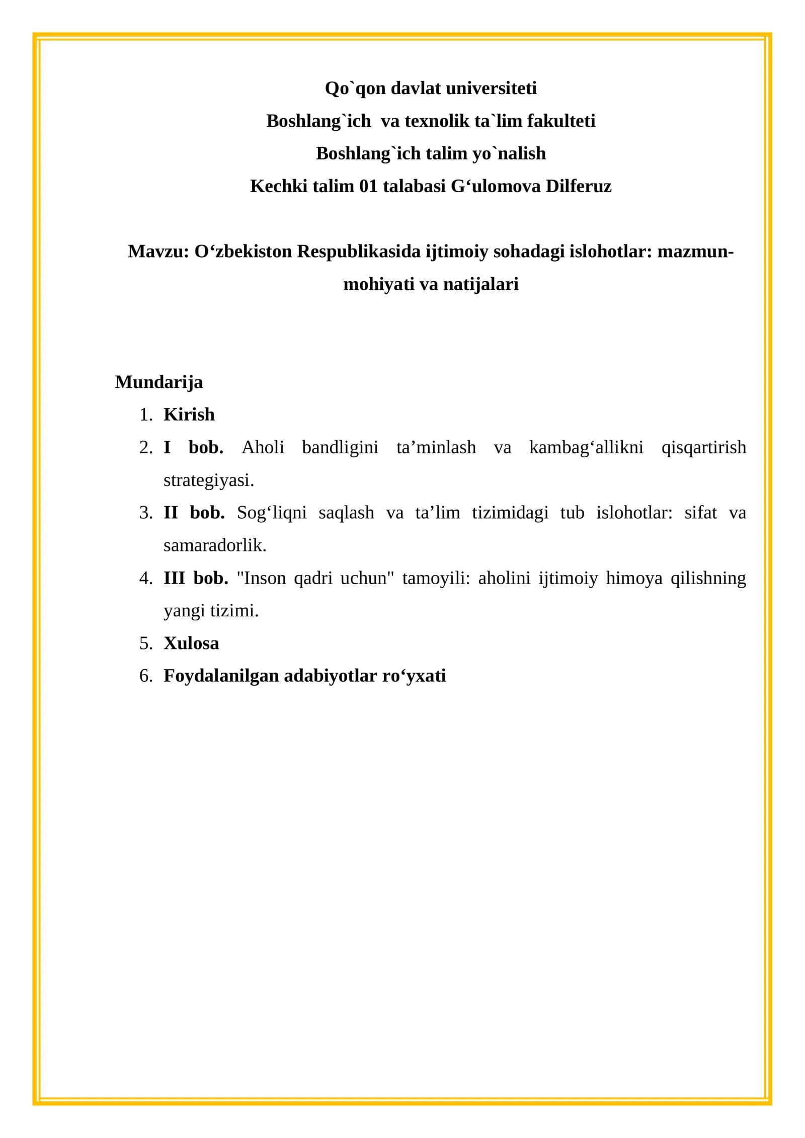 O‘zbekiston Respublikasida ijtimoiy sohadagi islohotlar: mazmun-mohiyati va natijalari