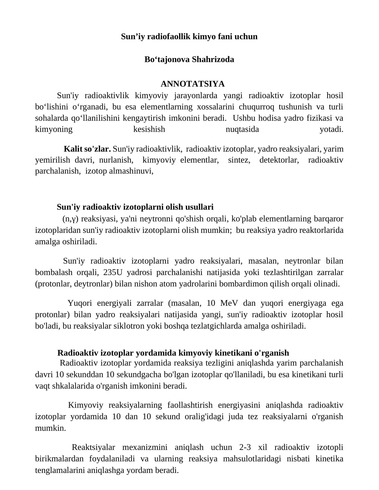 Sunʼiy radiofaollik kimyo fani uchun
