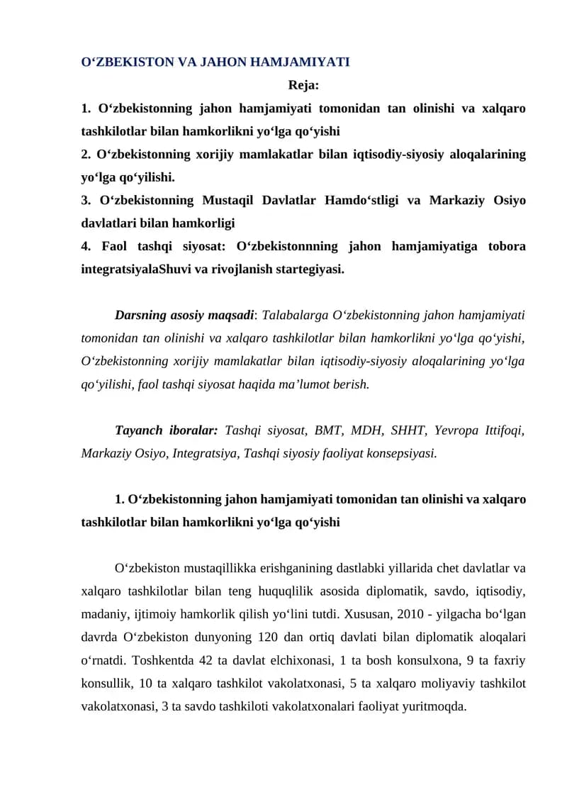 O‘ZBEKISTON VA JAHON HAMJAMIYATI