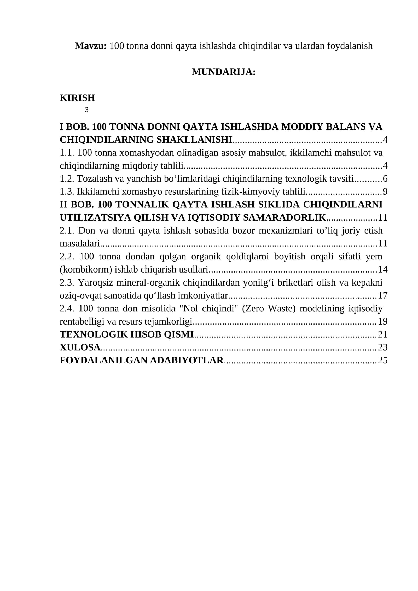 100 tonna donni qayta ishlashda chiqindilar va ulardan foydalanish