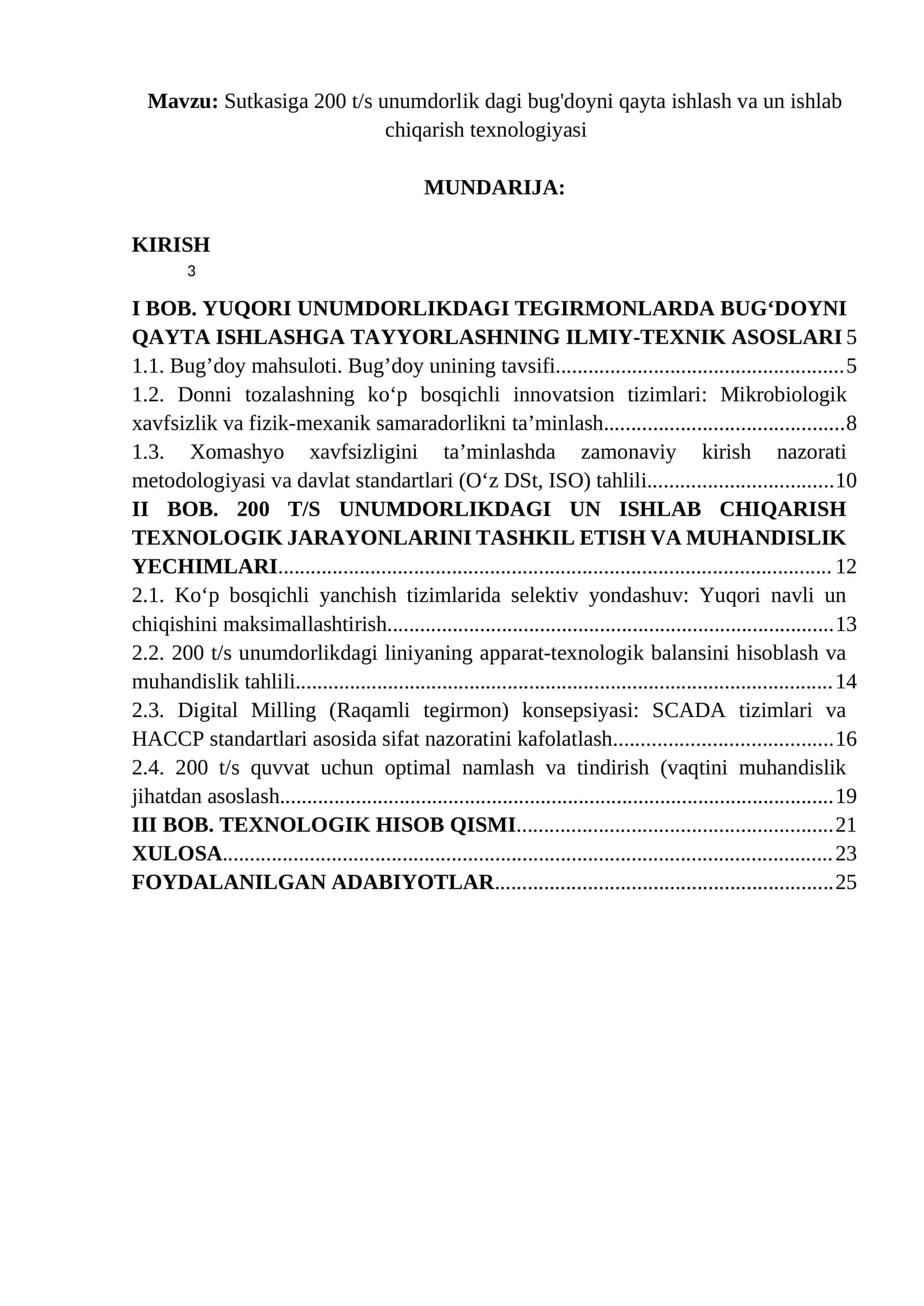 Sutkasiga 200 t/s unumdorlik dagi bug'doyni qayta ishlash va un ishlab chiqarish texnologiyasi