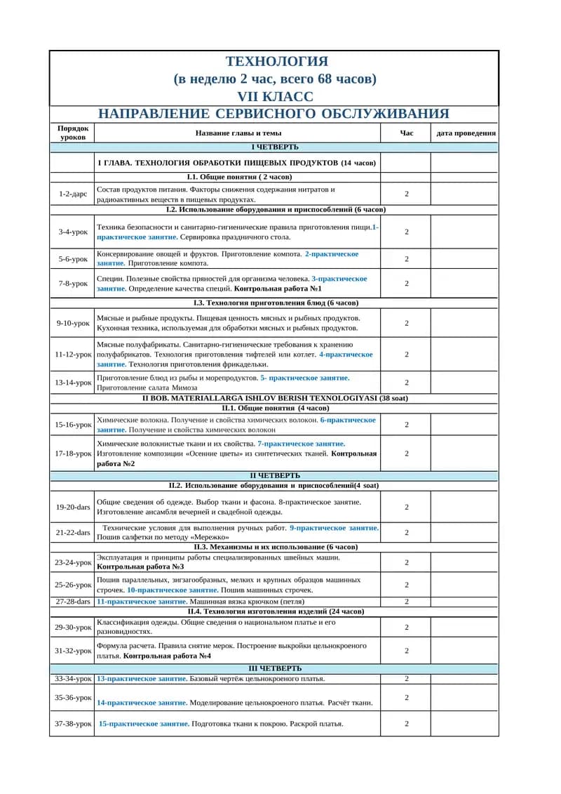 TEXНОЛОГИЯ VII КЛАСС НАПРАВЛЕНИЕ СЕРВИСНОГО ОБСЛУЖИВАНИЯ