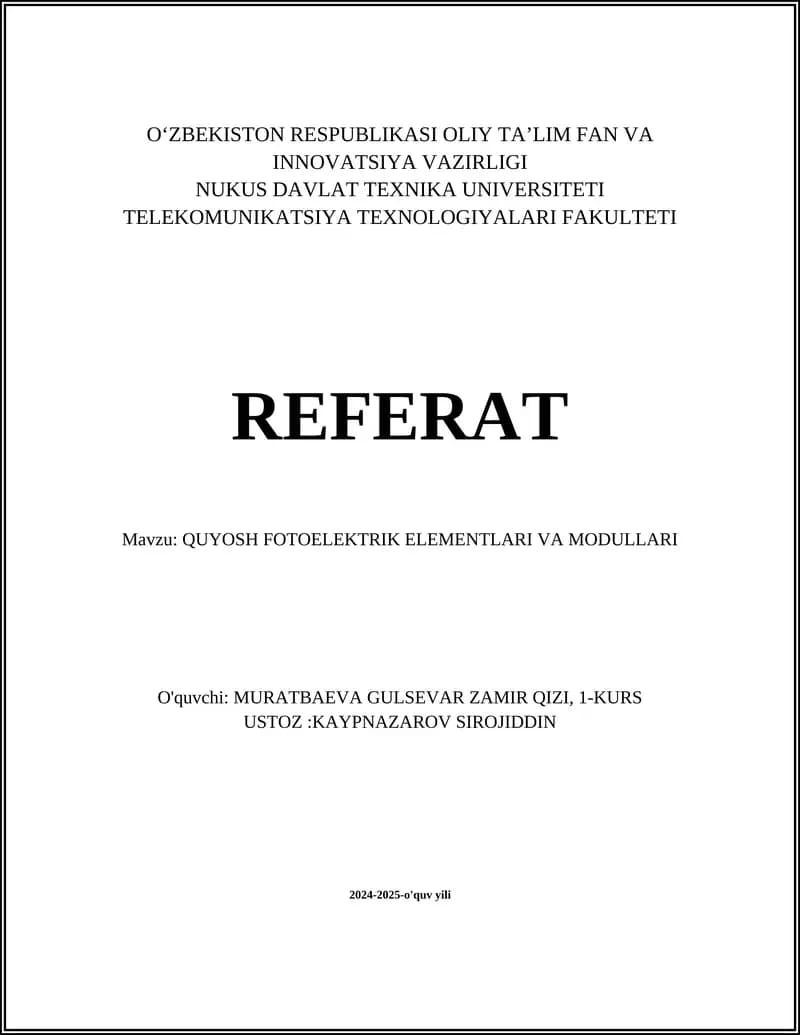 QUYOSH FOTOELEKTRIK ELEMENTLARI VA MODULLARI