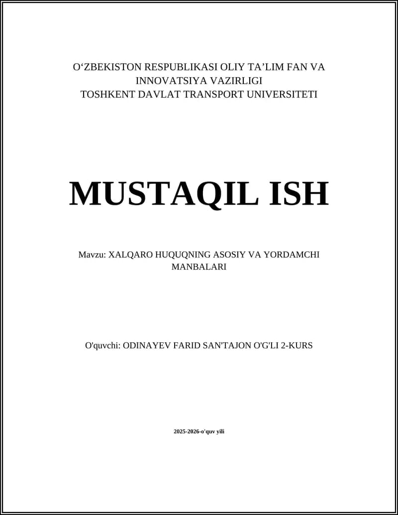 XALQARO HUQUQNING ASOSIY VA YORDAMCHI MANBALARI