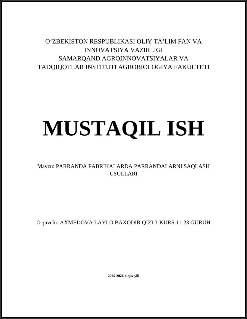 PARRANDA FABRIKALARDA PARRANDALARNI SAQLASH USULLARI