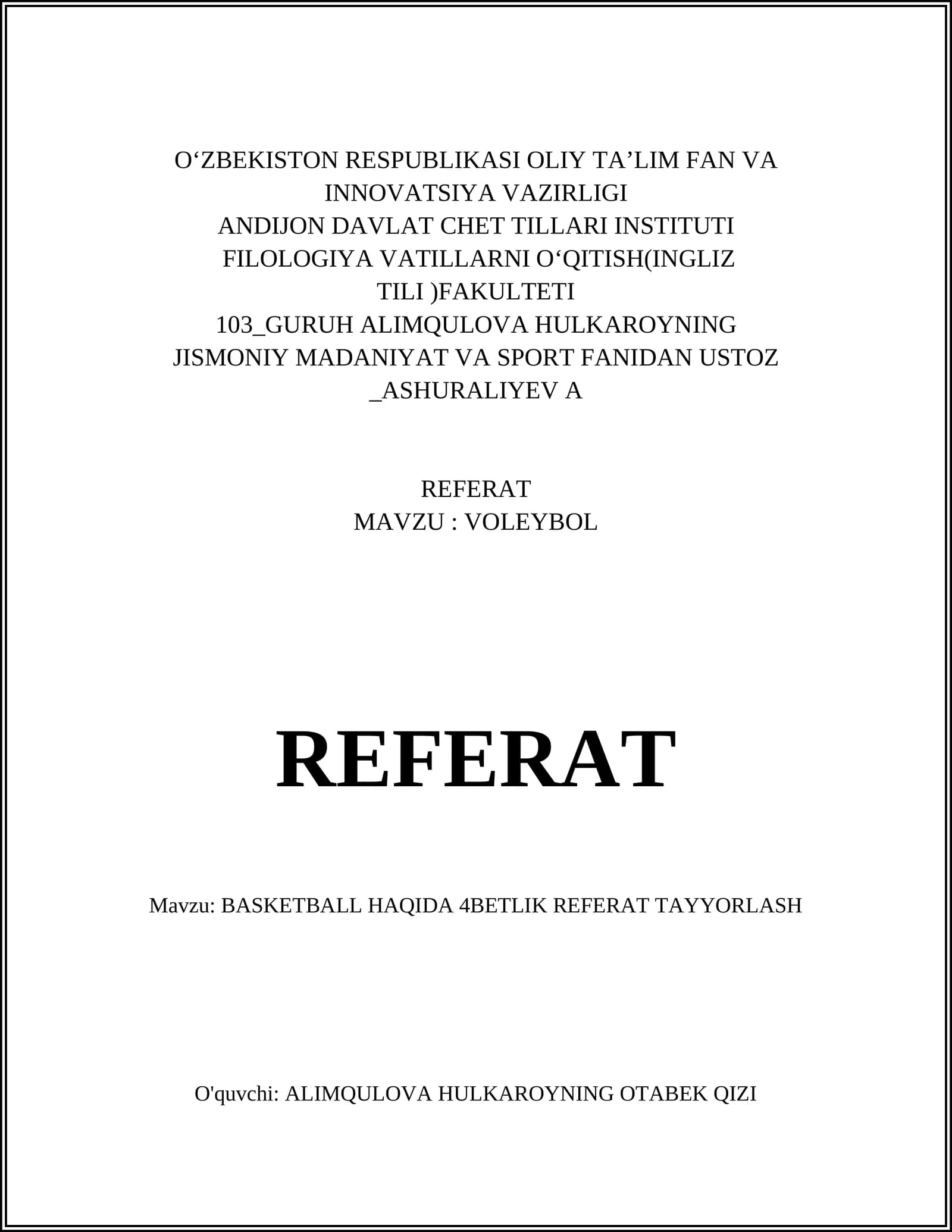BASKETBALL HAQIDA 4BETLIK REFERAT TAYYORLASH