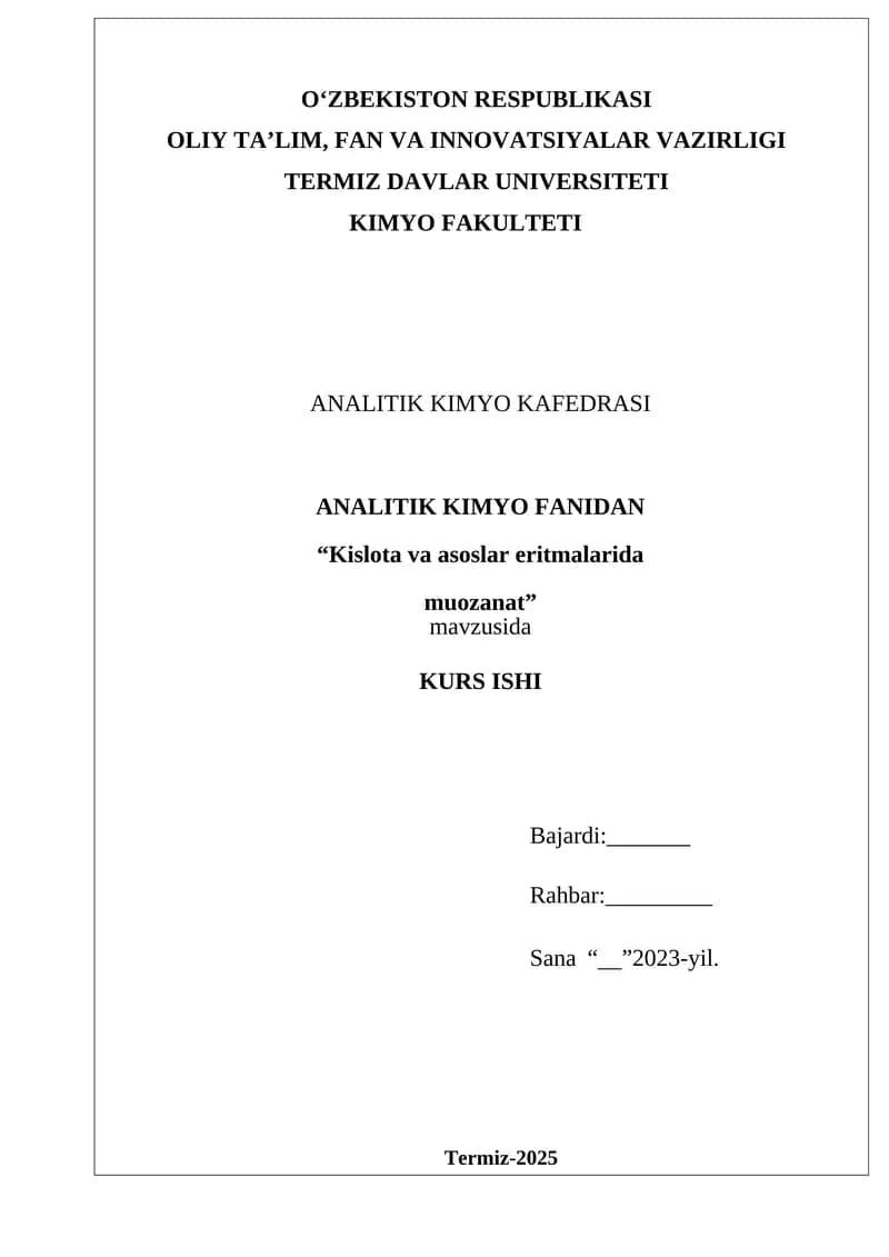 Kislota va asoslar eritmalarida muozanat.