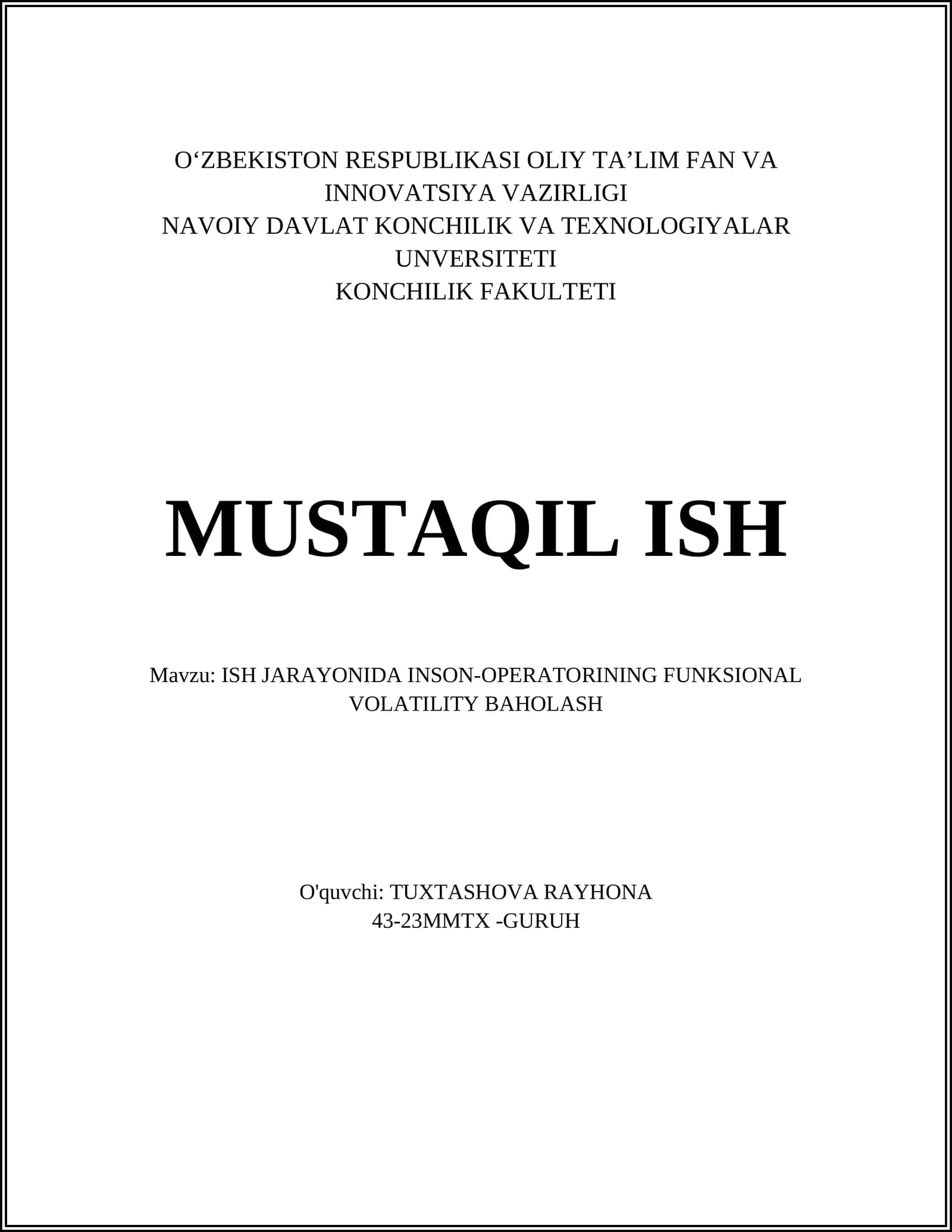 ISH JARAYONIDA INSON-OPERATORINING FUNKSIONAL VOLATILITY BAHOLASH