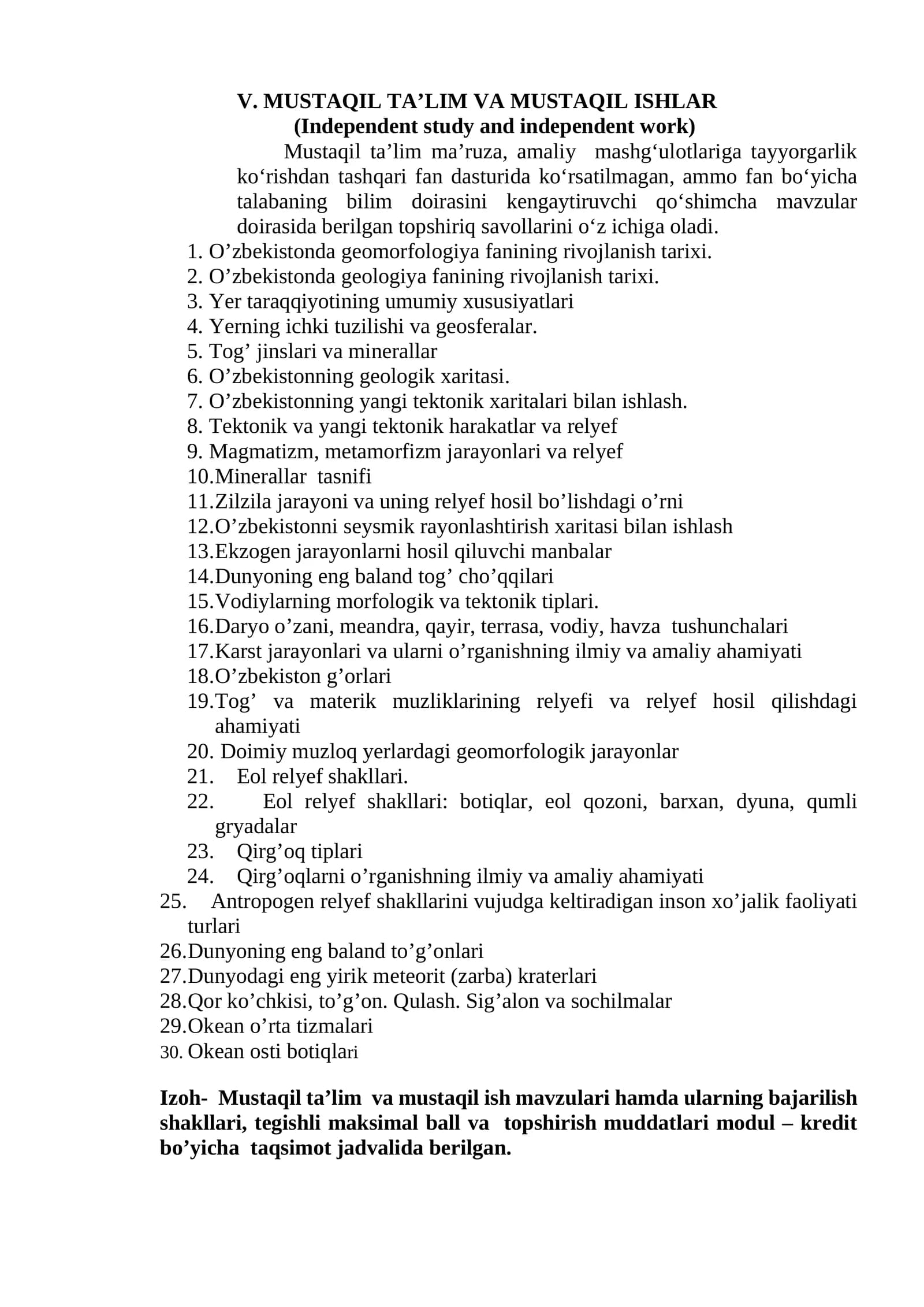 V. MUSTAQIL TA’LIM VA MUSTAQIL ISHLAR