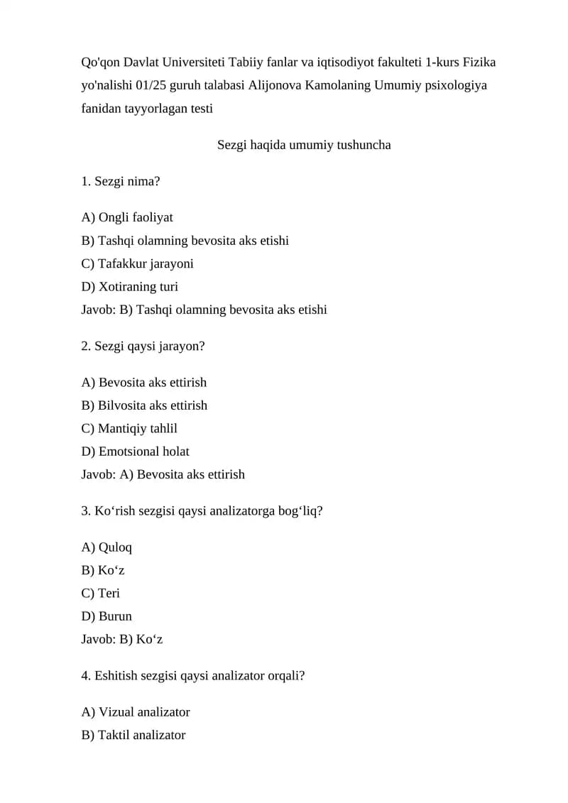 Umumiy psixologiya fanidan tayyorlagan testi