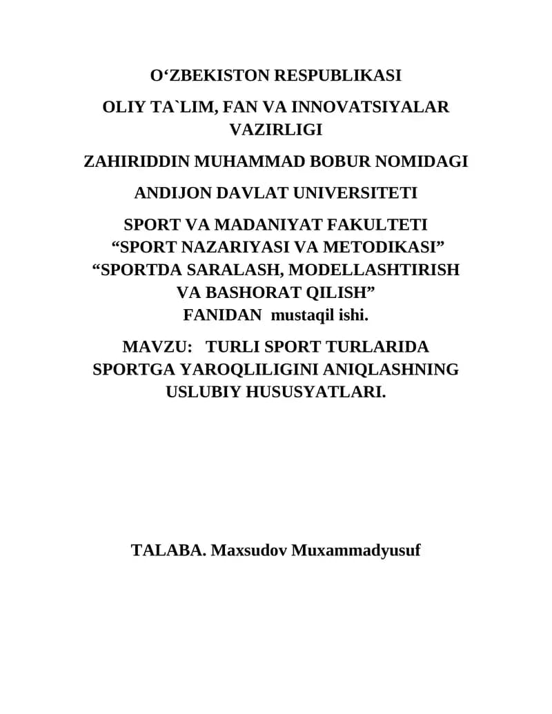 SPORTDA SARALASH, MODELLASHTIRISH VA BASHORAT QILISH