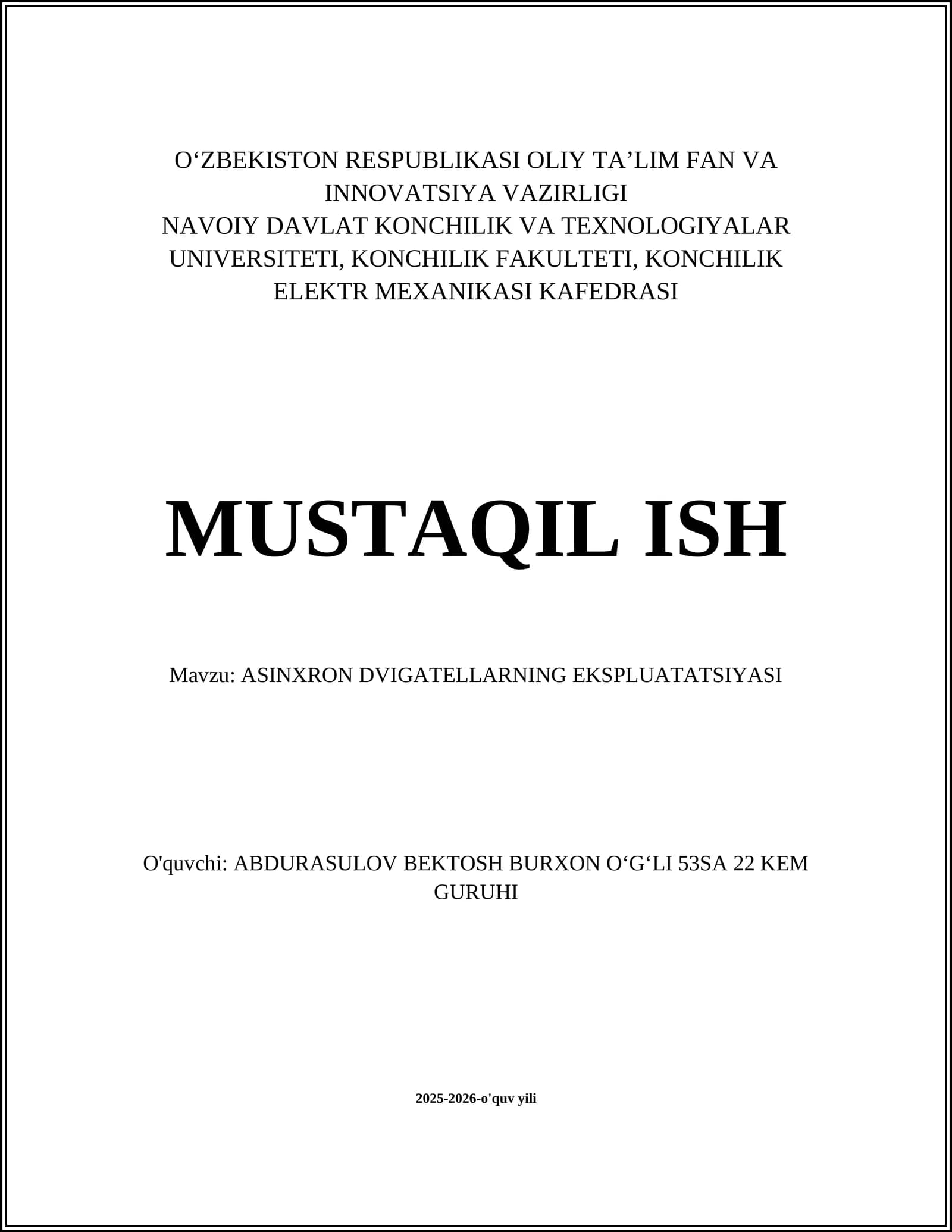 ASINXRON DVIGATELLARNING EKSPLUATATSIYASI