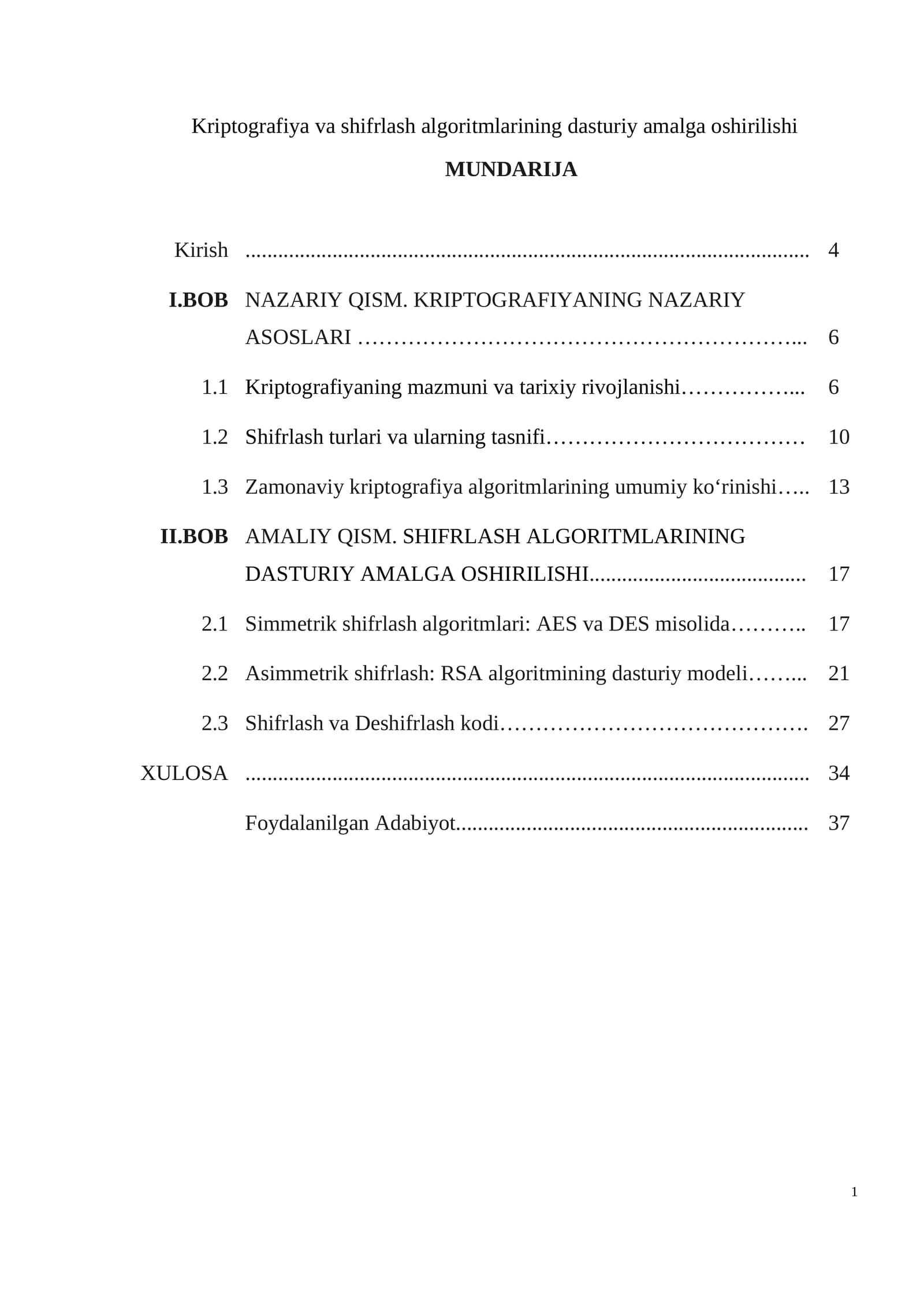 Kriptografiya va shifrlash algoritmlarining dasturiy amalga oshirilishi