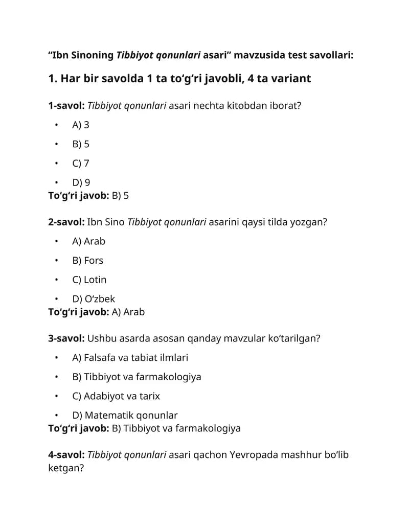 Ibn Sinoning Tibbiyot qonunlari asari.