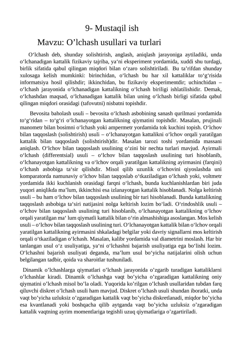O’lchash usullari va turlari