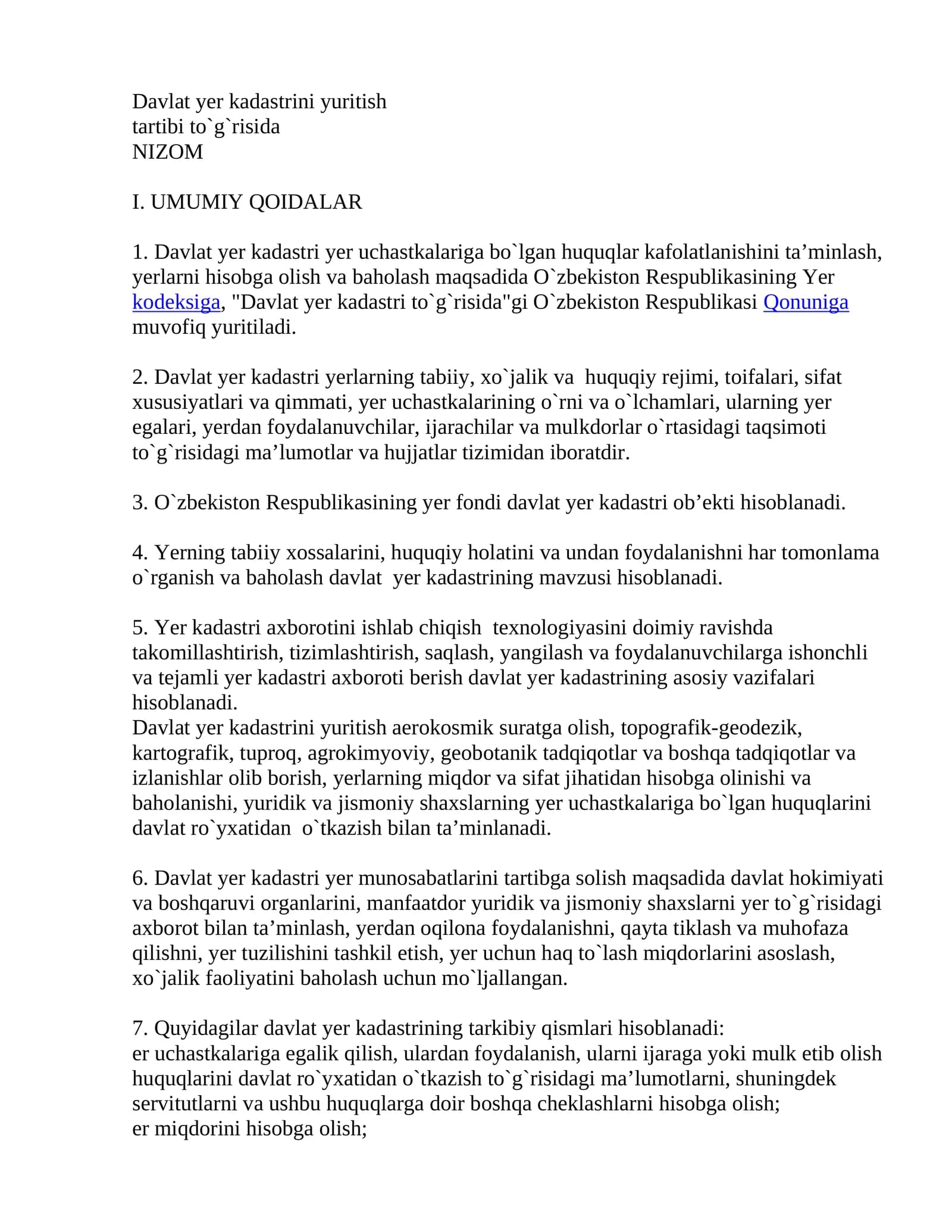 Davlat yer kadastrini yuritish tartibi to`g`risida NIZOM