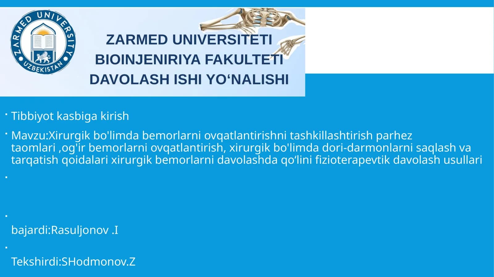 Xirurgik bo'limda bemorlarni ovqatlantirishni tashkillashtirish