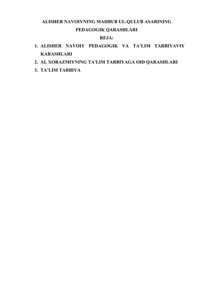 ALISHER NAVOIYNING MAHBUB UL-QULUB ASARINING PEDAGOGIK QARASHLARI
