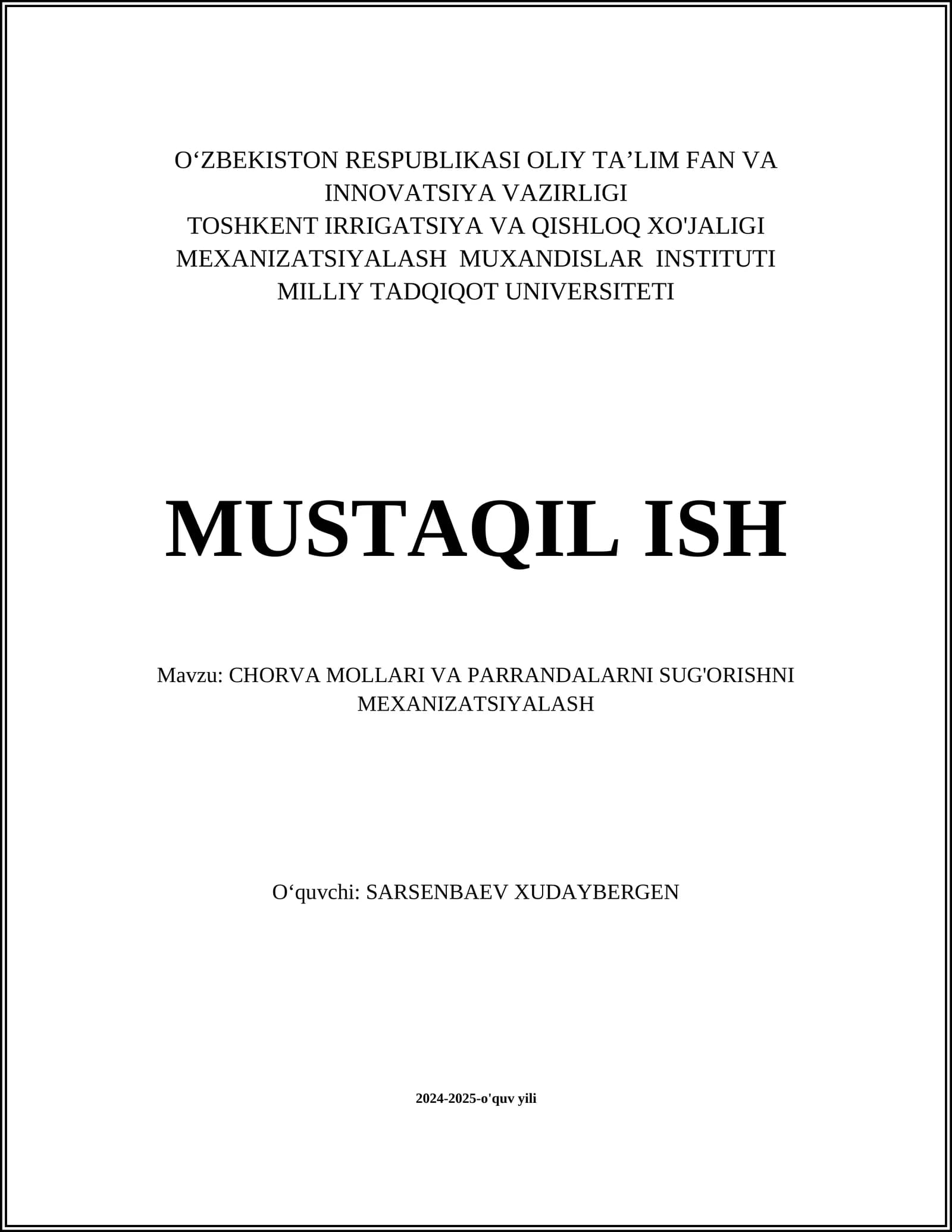 CHORVA MOLLARI VA PARRANDALARNI SUG'ORISHNI MEXANIZATSIYALASH