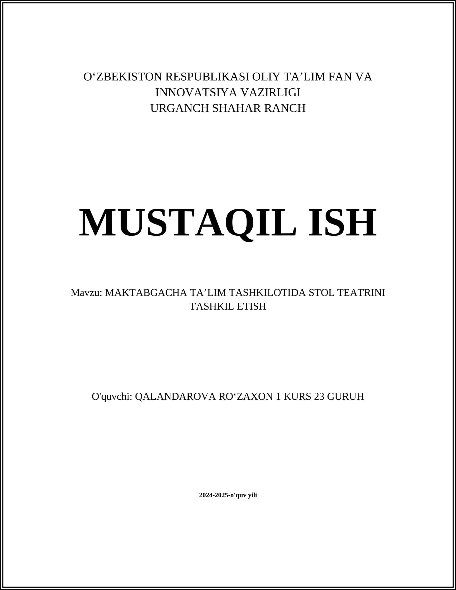 MAKTABGACHA TAʼLIM TASHKILOTIDA STOL TEATRINI TASHKIL ETISH
