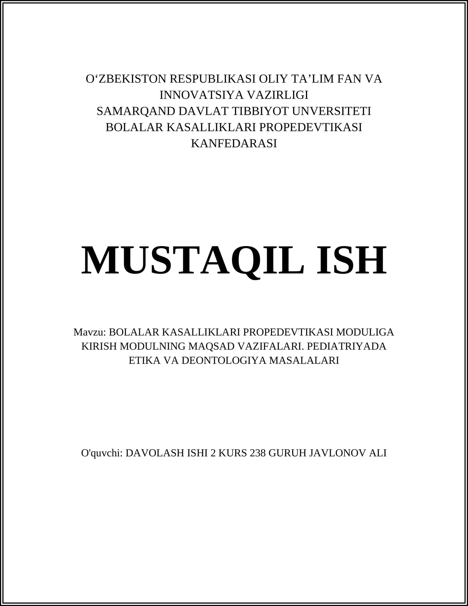 BOLALAR KASALLIKLARI PROPEDEVTIKASI MODULIGA