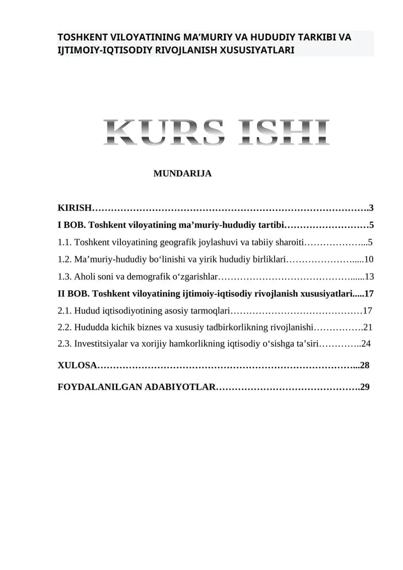 Toshkent Viloyatining Ma’muriy va Hududiy Tarkibi va Ijtimoiy-Iqtisodiy Rivojlanish Xususiyatları