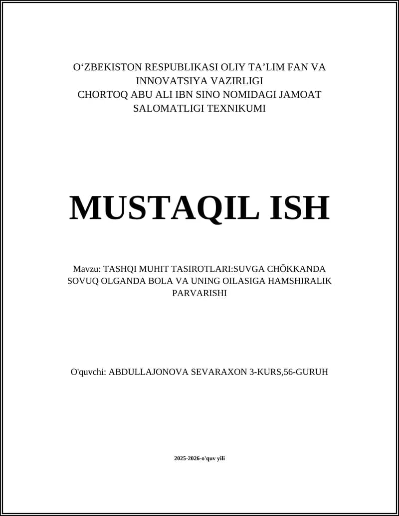 Suvga cho'kkanida hamshiralik birinchi yordam usullari