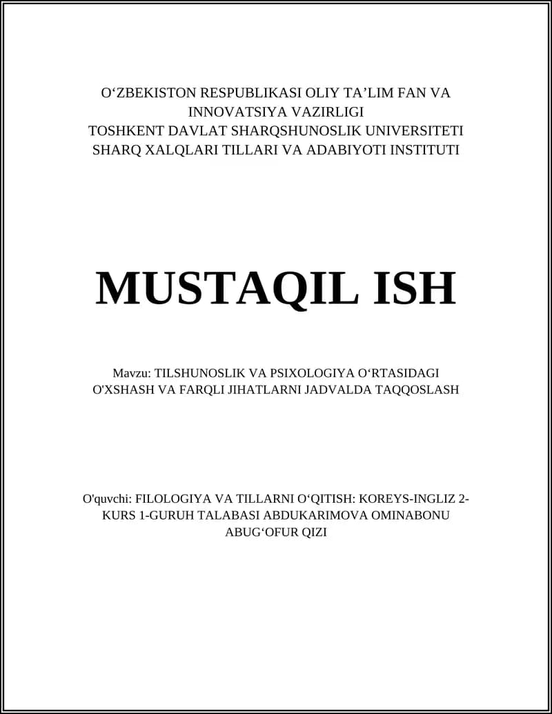 Tilshunoslik va psixologiya o'rtasidagi o'xshash va farqli jihatlarni jadvalda taqqoslash