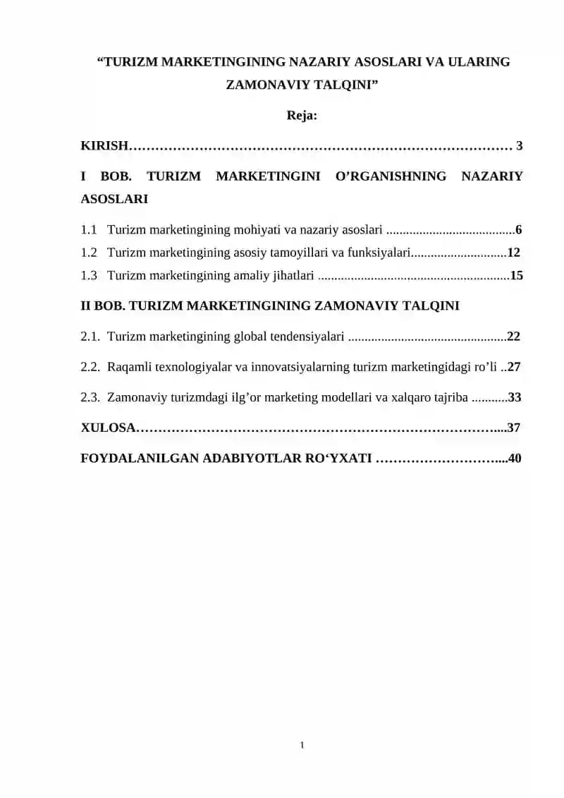 Turizm marketingining nazariy asoslari va ularning zamonaviy talqini