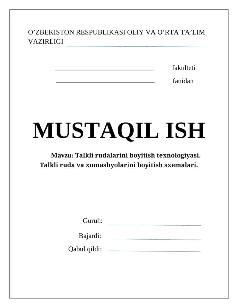 Talkli rudalarini boyitish texnologiyasi,boyitish sxemalari,fotometrik saralash va flotatsiyda boyitish