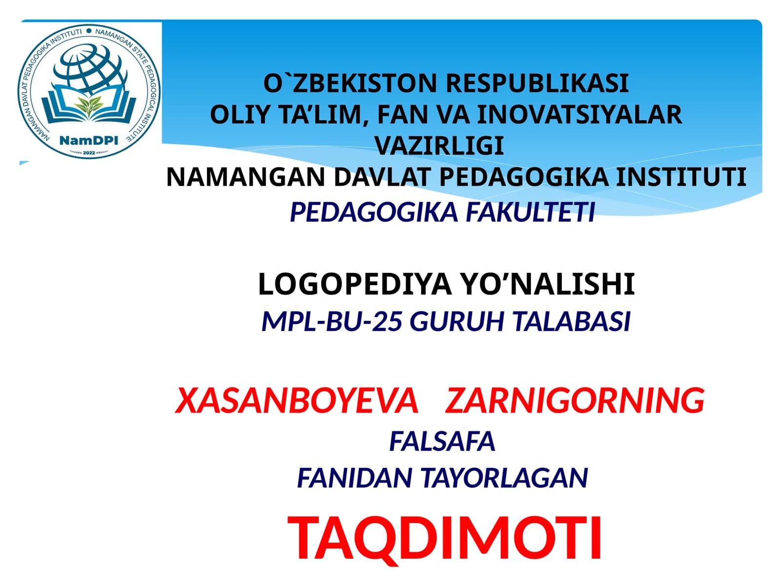 XASANBOYEVA ZARNIGORNING FALSAFA FANIDAN TAYORLAGAN TAQDIMOTI