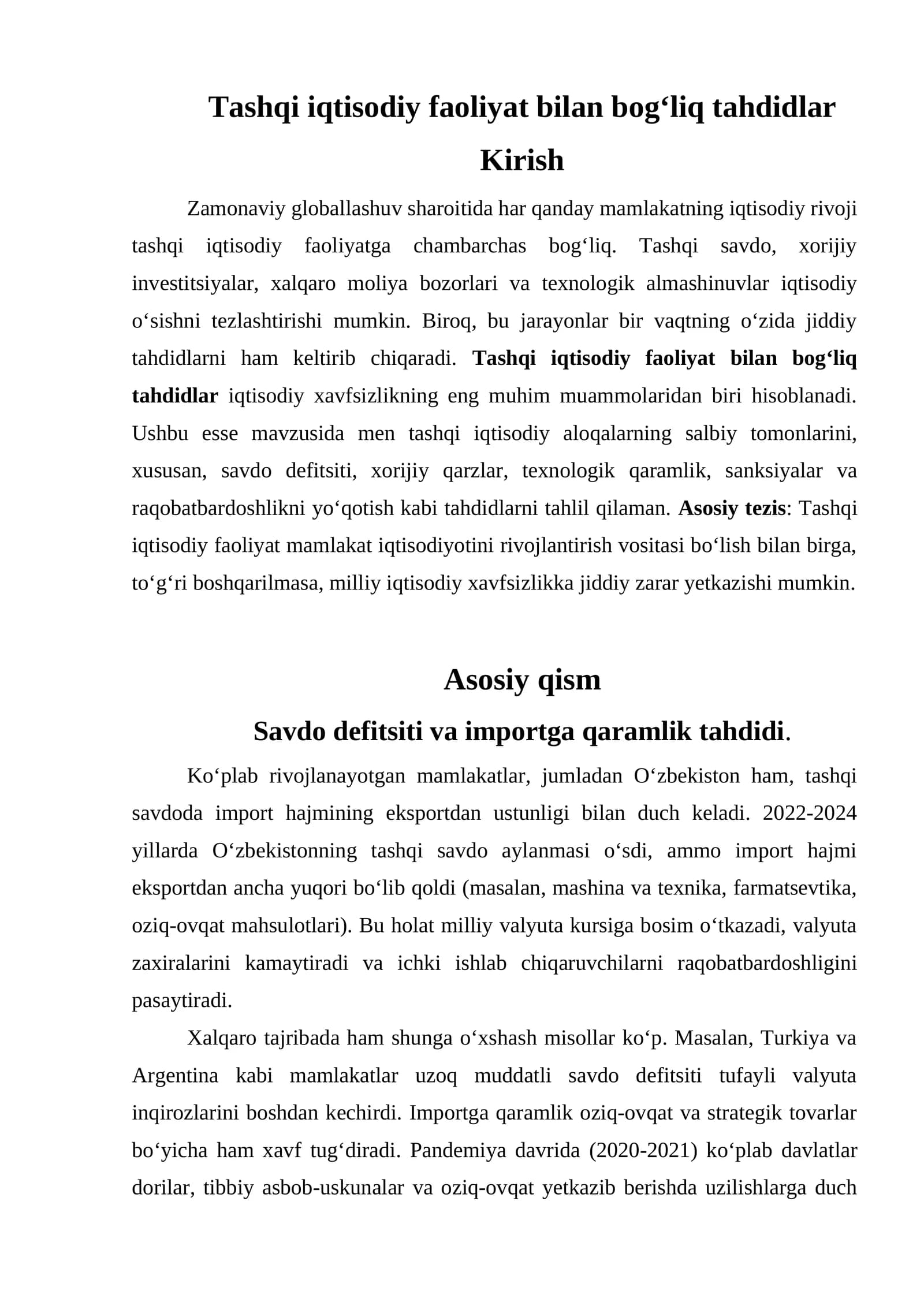 Tashqi iqtisodiy faoliyat bilan bog‘liq tahdidlar