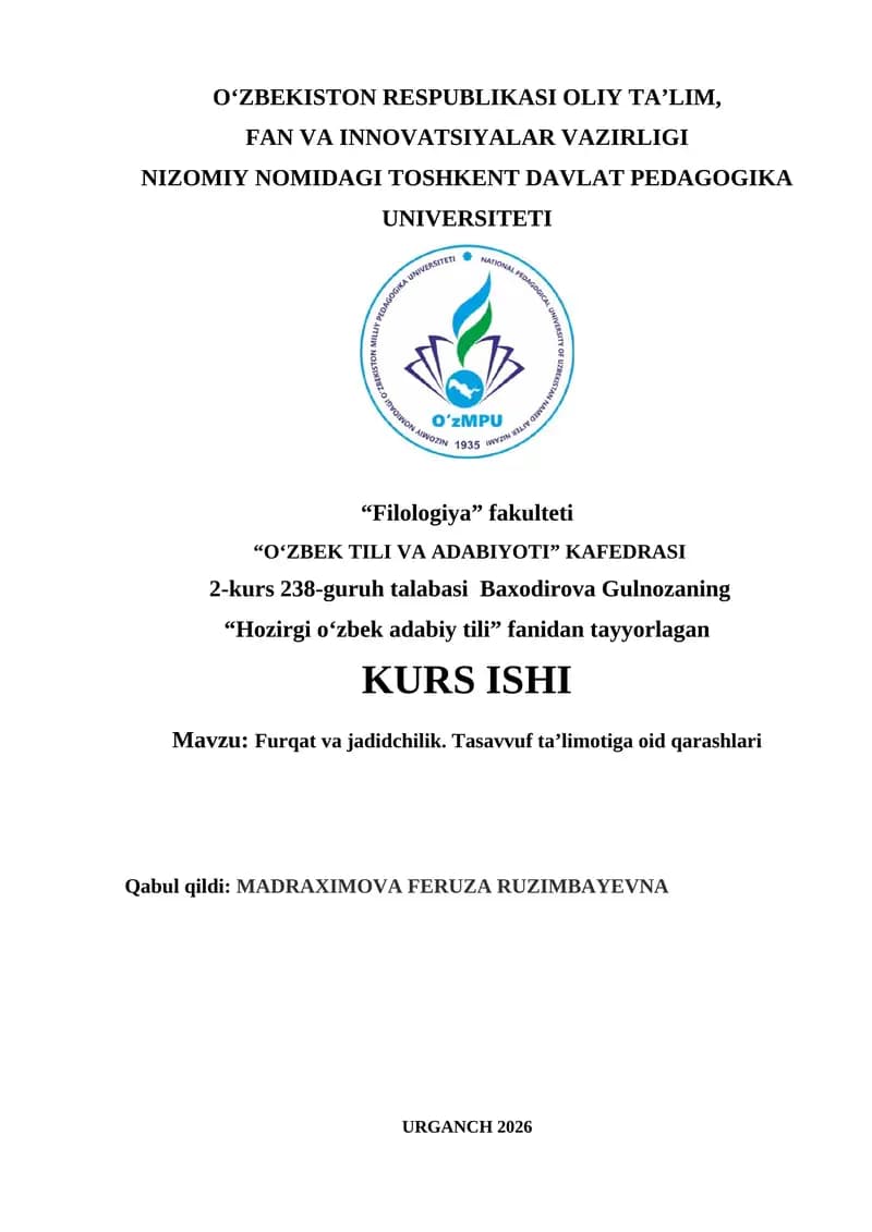 Furqat va jadidchilik. Tasavvuf taʼlimotiga oid qarashlari