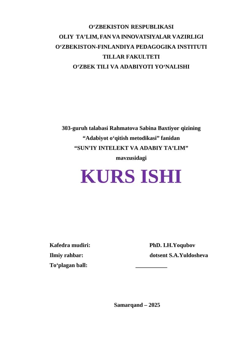 SUN’IY INTELEKT VA ADABIY TA’LIM KURS ISHI