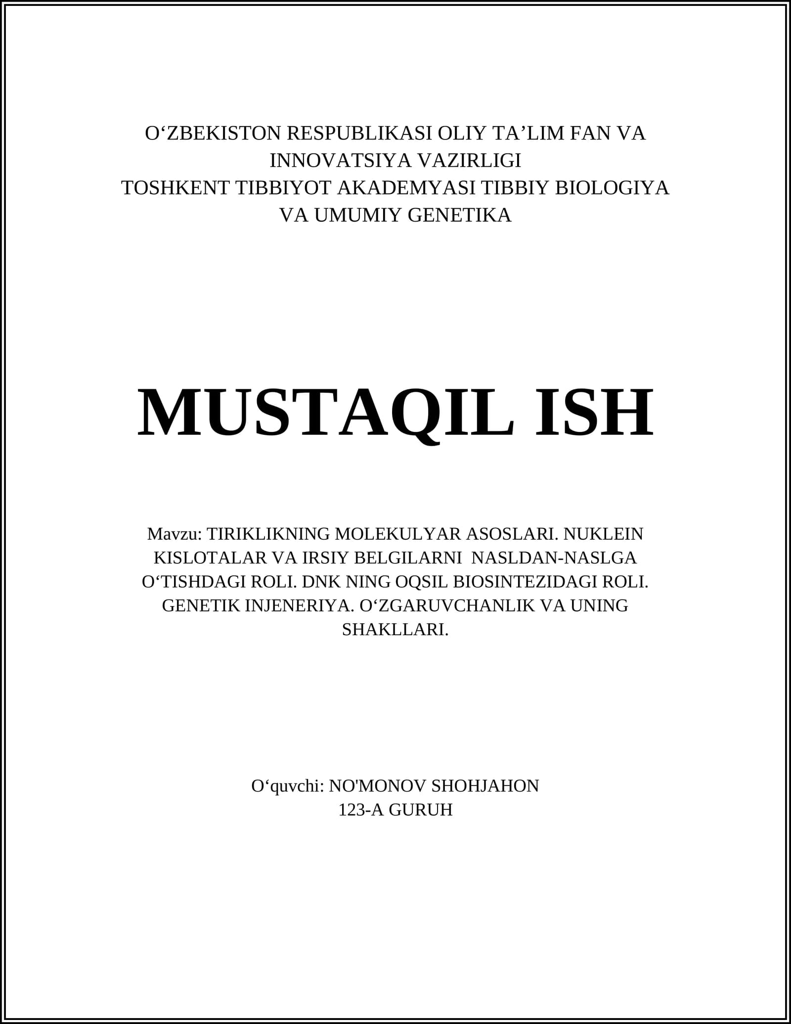 TIRIKLIKNING MOLEKULYAR ASOSLARI