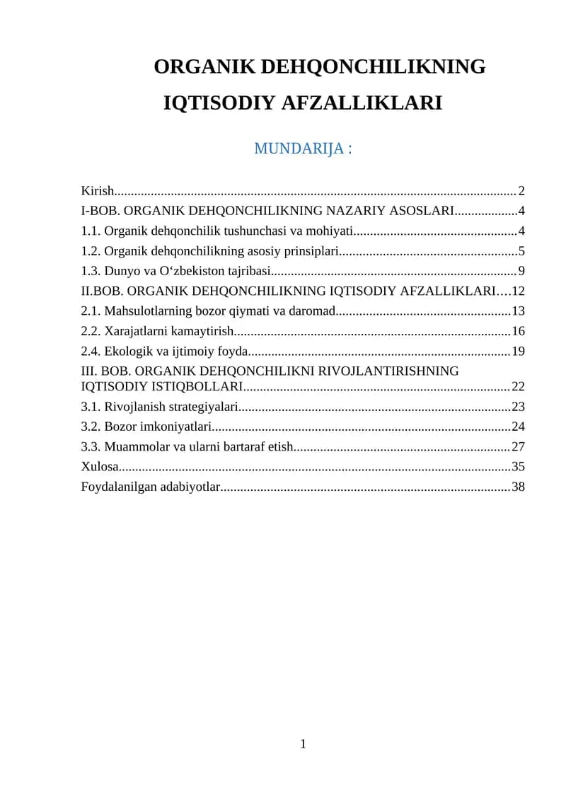 ORGANIK DEHQONCHILIKNING IQTISODIY AFZALLIKLARI