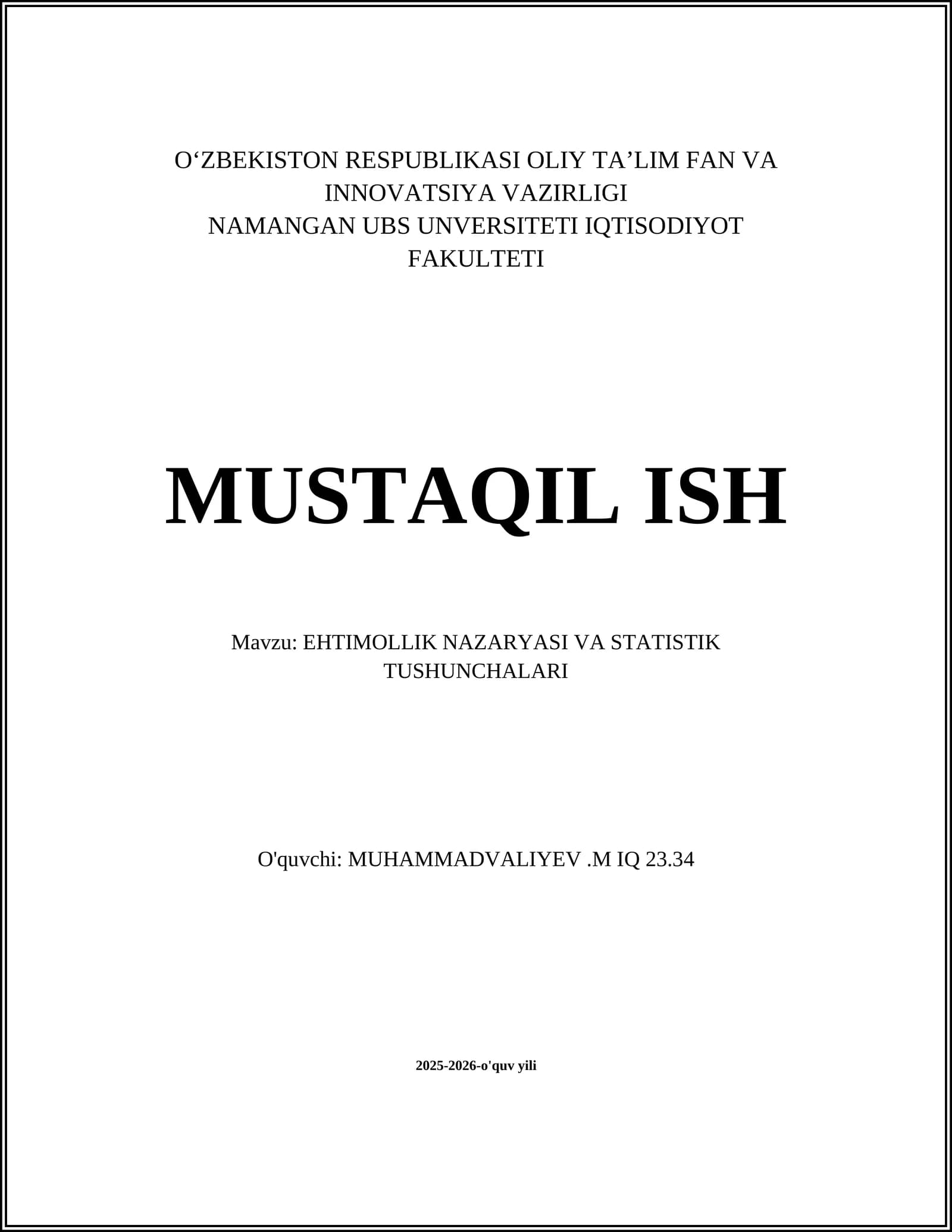 EHTIMOLLIK NAZARYASI VA STATISTIK TUSHUNCHALARI