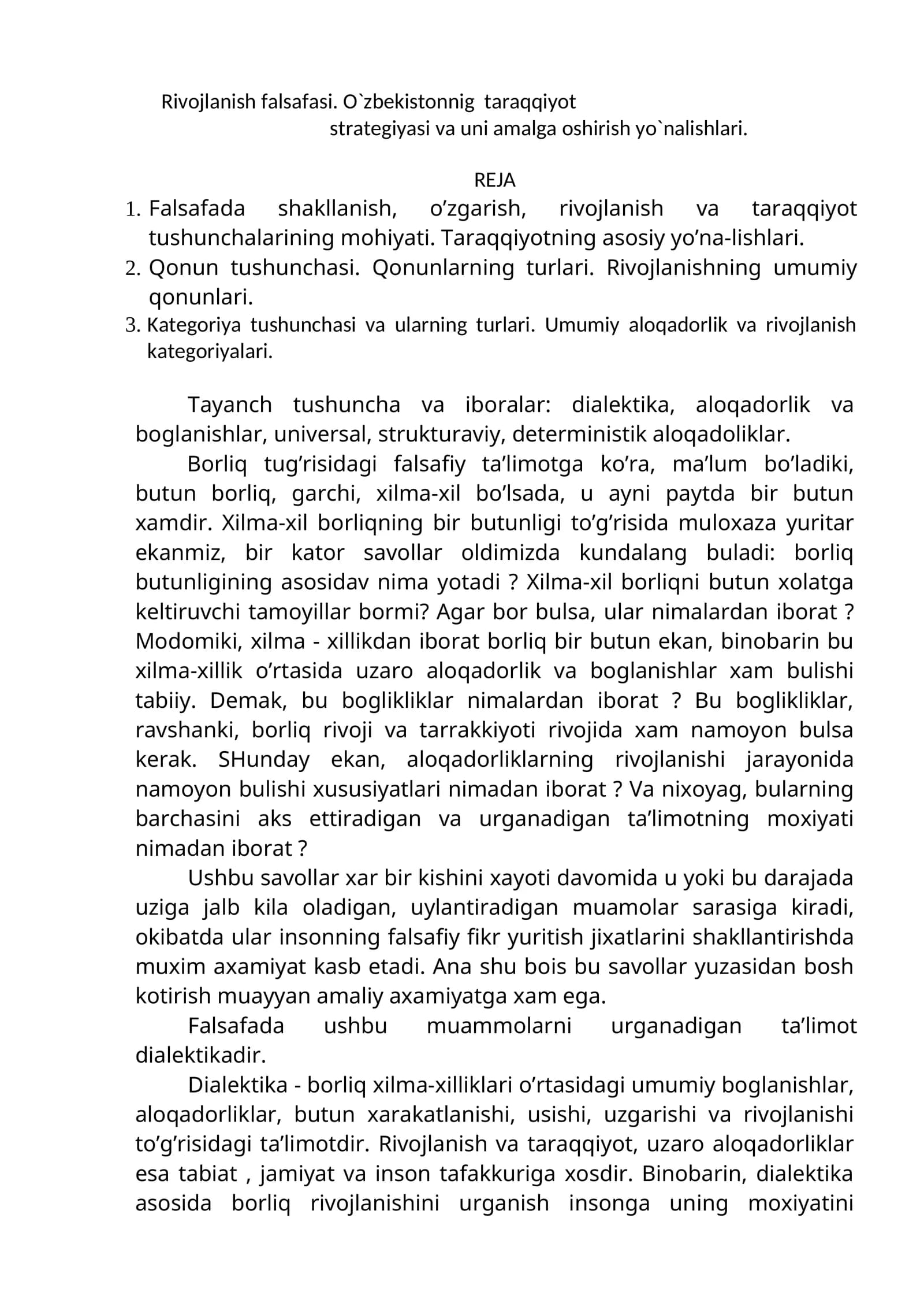 Rivojlanish falsafasi. O`zbekistonnig taraqqiyot strategiyasi