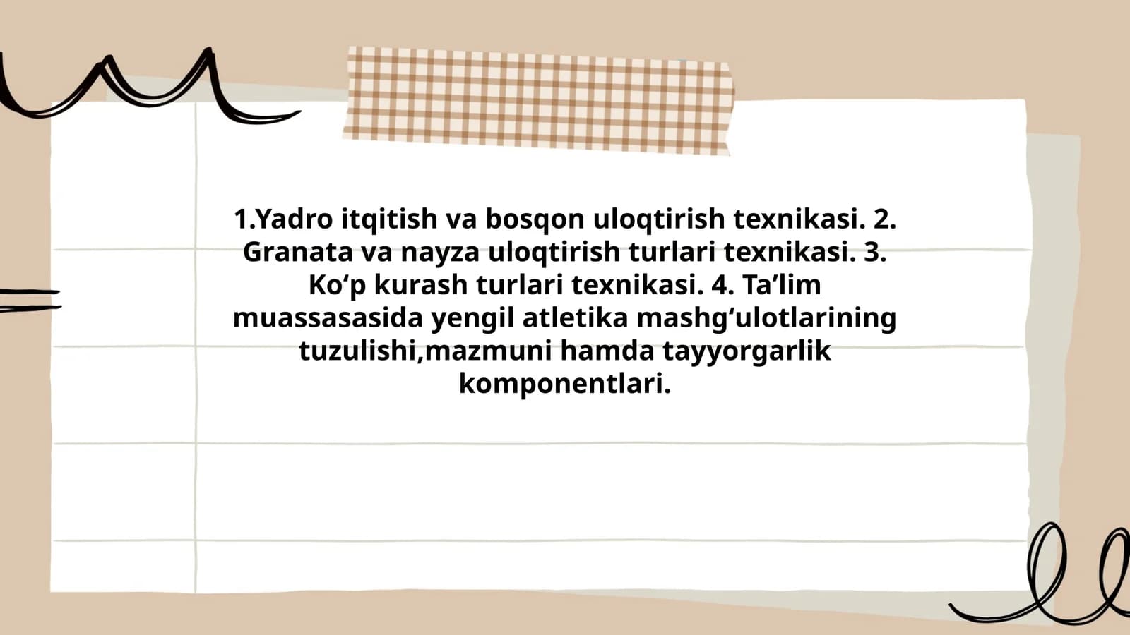 Taʼlim muassasasida yengil atletika mashgʻulotlarining tuzulishi,mazmuni hamda tayyorgarlik komponentlari