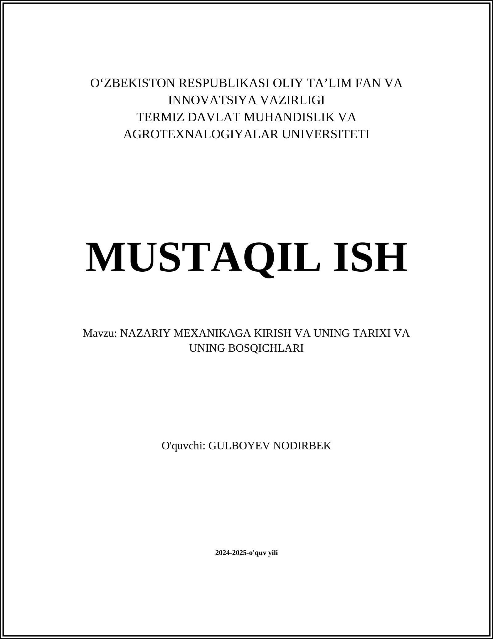 NAZARIY MEXANIKAGA KIRISH VA UNING TARIXI VA UNING BOSQICHLARI