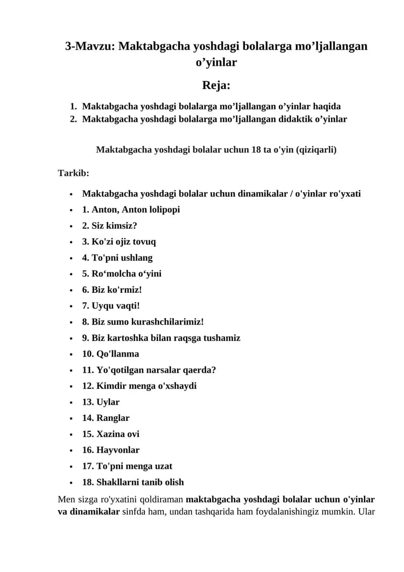 Maktabgacha yoshdagi bolalarga mo’ljallangan o’yinlar