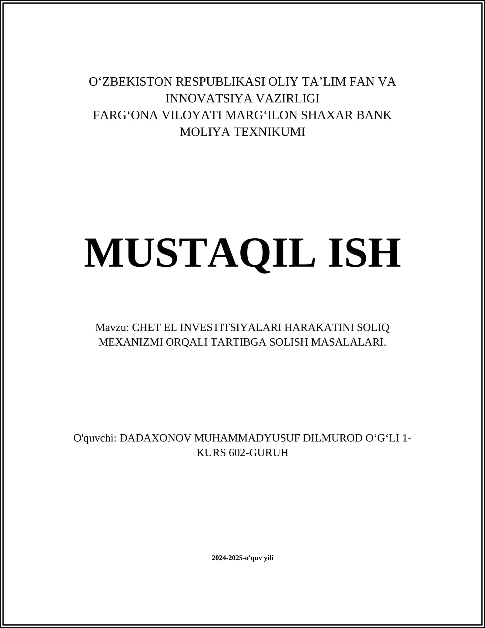 CHET EL INVESTITSIYALARI HARAKATINI SOLIQ MEXANIZMI ORQALI TARTIBGA SOLISH MASALALARI