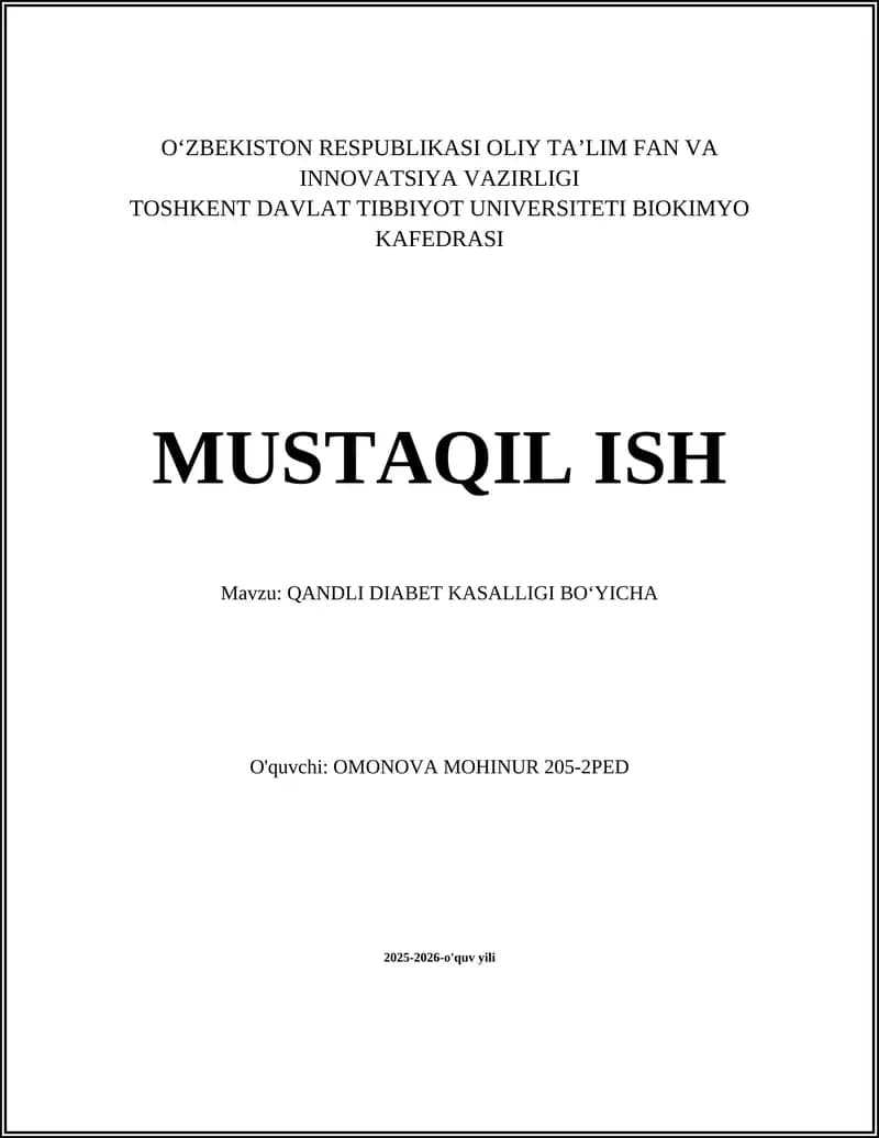 Qandli Diabet Kasalligi Bo'yicha Omonova Mohinur 205-2PED