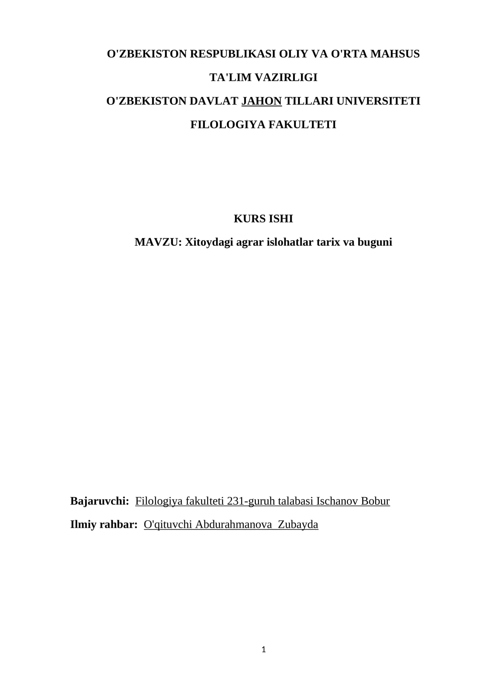 Xitoydagi agrar islohatlar tarix va buguni