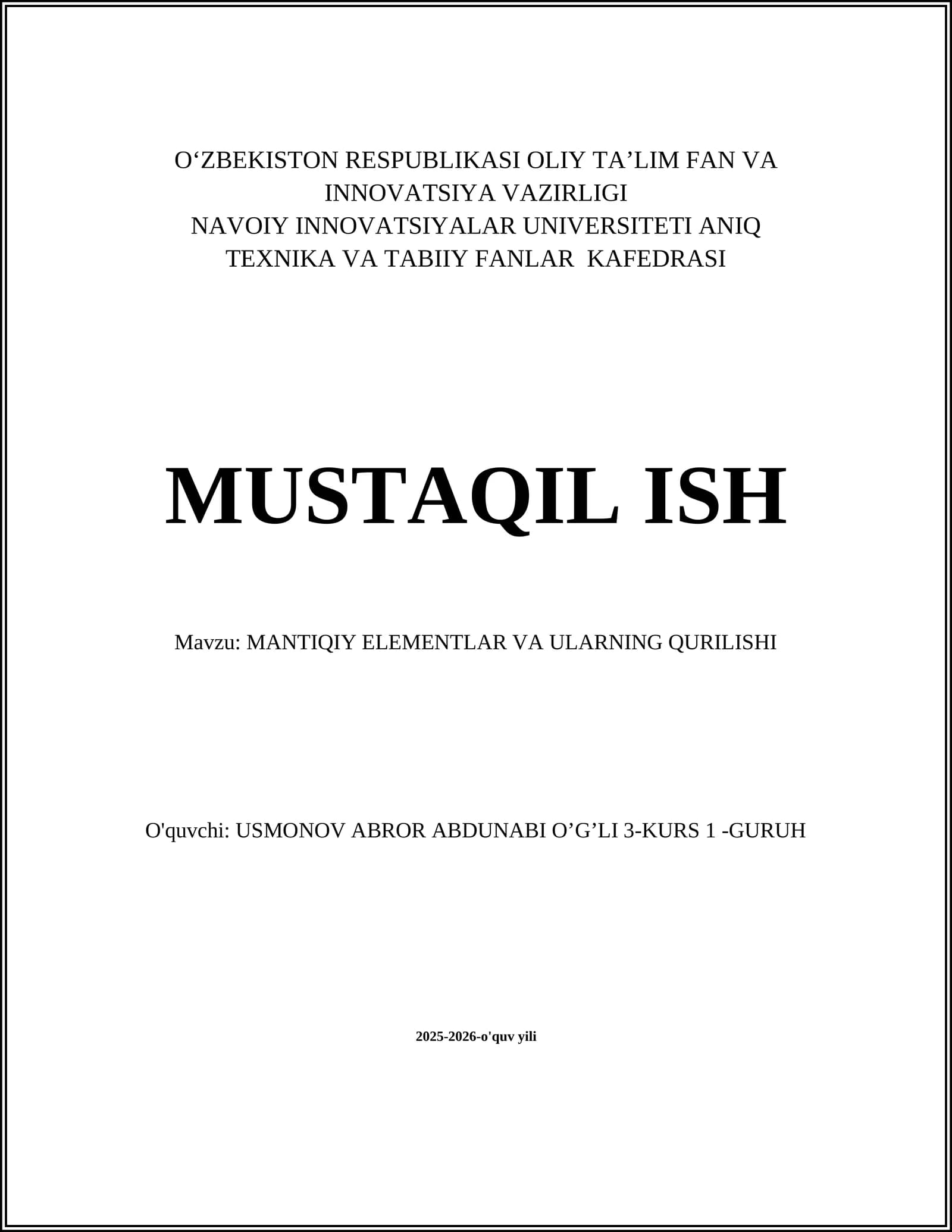 MANTIQIY ELEMENTLAR VA ULARNING QURILISHI