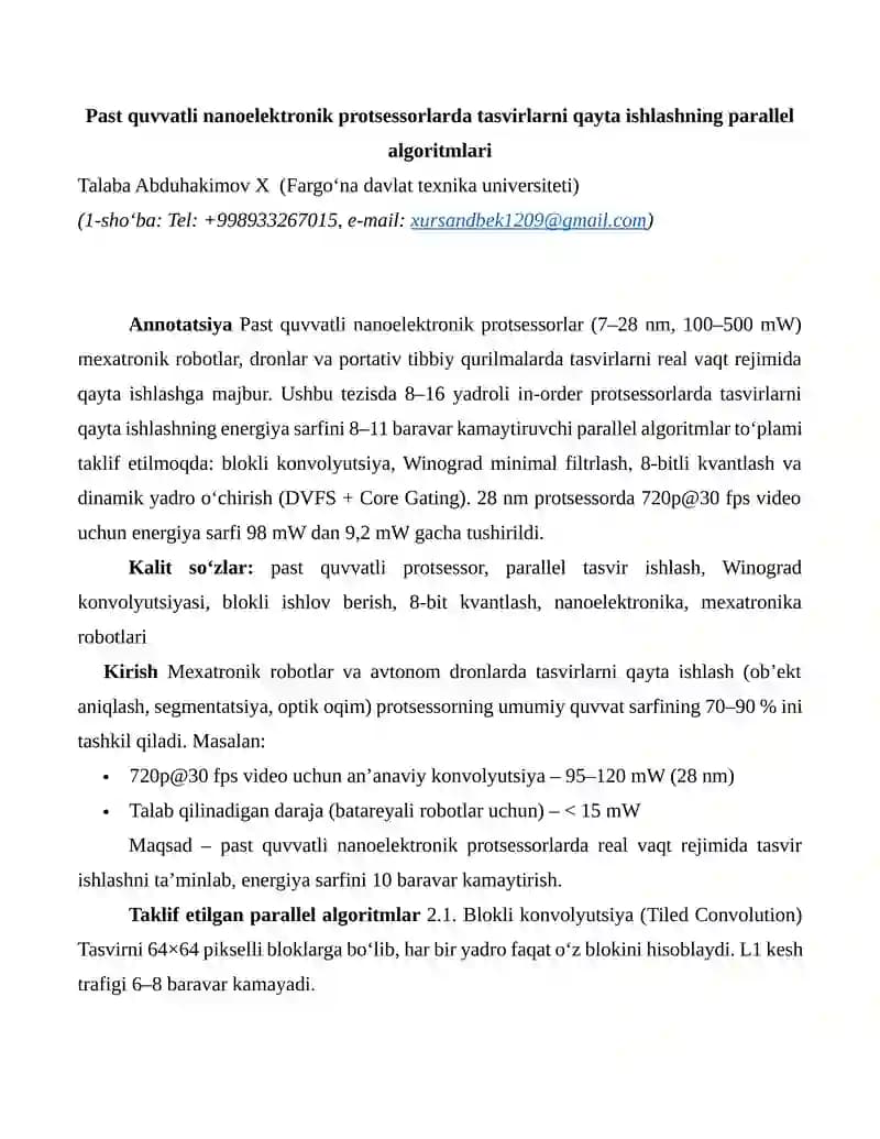 Past quvvatli nanoelektronik protsessorlarda tasvirlarni qayta ishlashning parallel algoritmlari