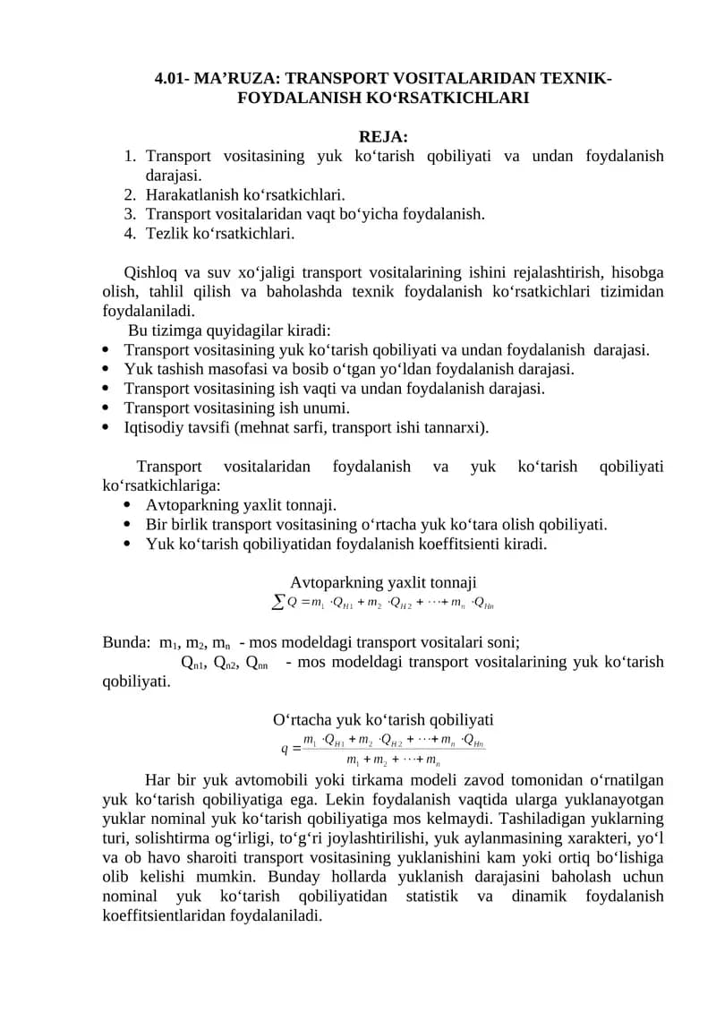 TRANSPORT VOSITALARIDAN TEXNIK-FOYDALANISH KO‘RSATKICHLARI